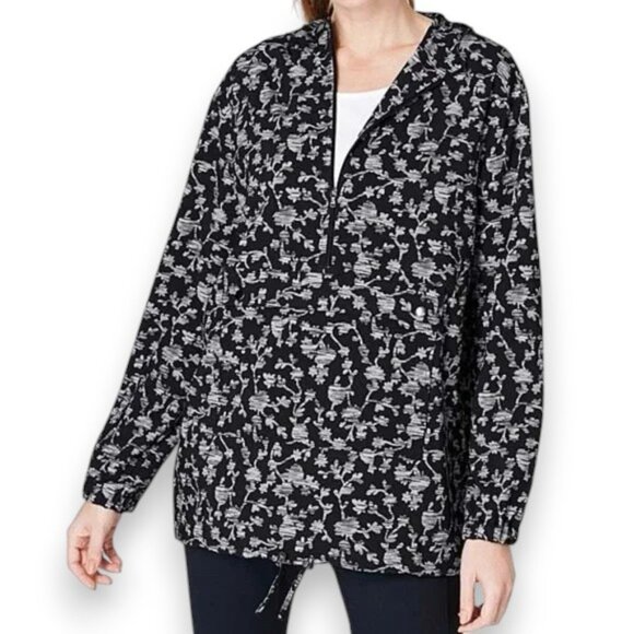 J Jill Fit Black Gray Floral Windbreaker Hood Jacket Pullover Half Zip Women's M - Picture 1 of 10